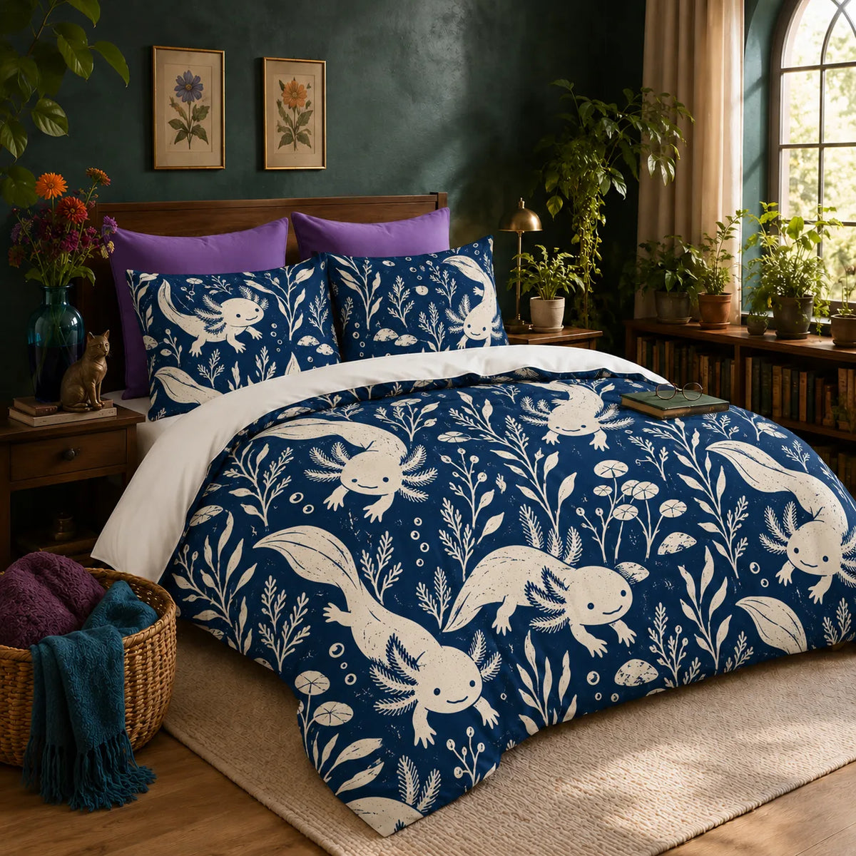 Indigo Block Print Axolotl duvet cover set — cream axolotls with seaweed sprigs, lily pads and bubbles on deep indigo blue