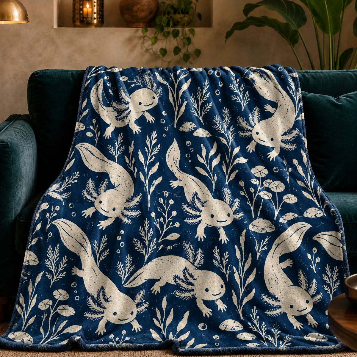 Indigo Block Print Axolotl fleece throw blanket — cream axolotls with seaweed sprigs, lily pads and bubbles on deep indigo blue