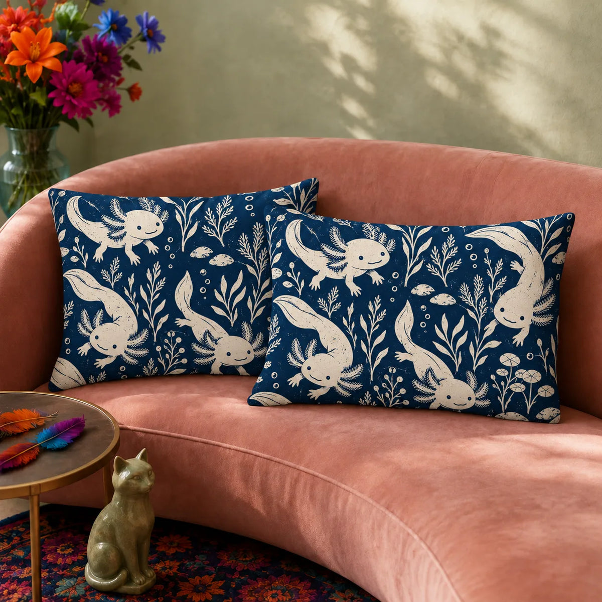 Indigo Block Print Axolotl pillowcase set — cream axolotls with seaweed sprigs, lily pads and bubbles on deep indigo blue