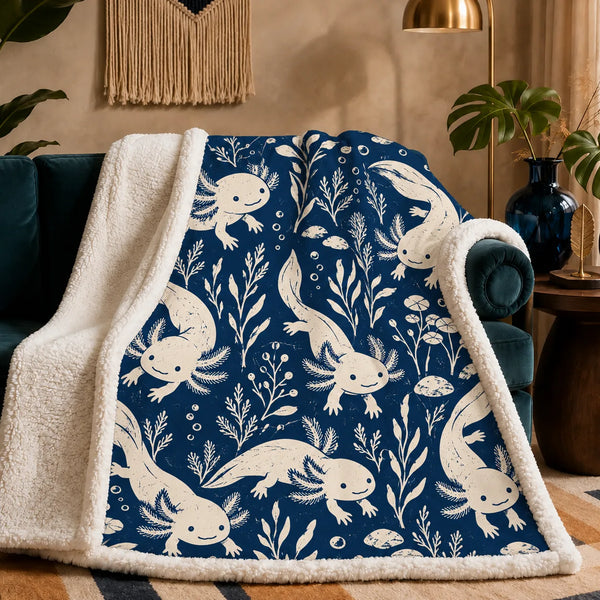 Indigo Block Print Axolotl sherpa blanket — cream axolotls with seaweed sprigs, lily pads and bubbles on deep indigo blue