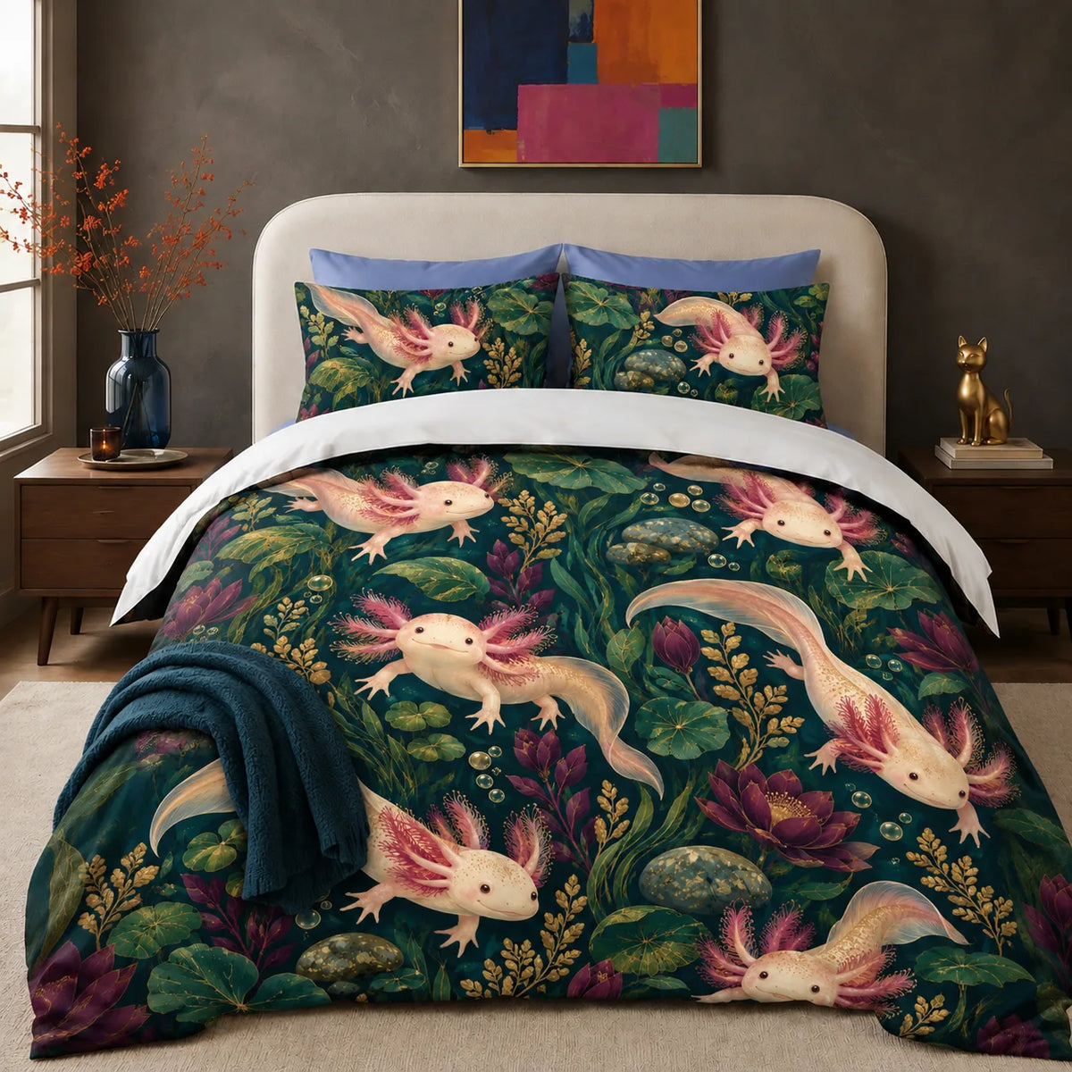 Jewel Botanical Axolotl comforter set — cream axolotls among plum water lilies, lily pads and gold sprigs on deep teal green