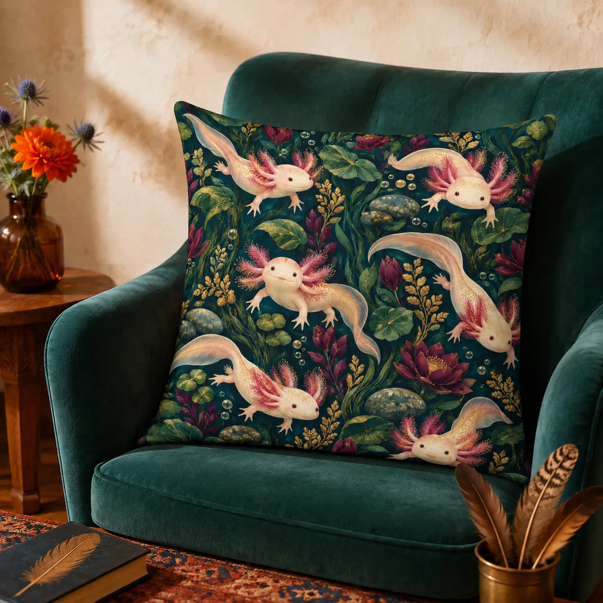 Jewel Botanical Axolotl cushion cover set — cream axolotls among plum water lilies, lily pads and gold sprigs on deep teal green