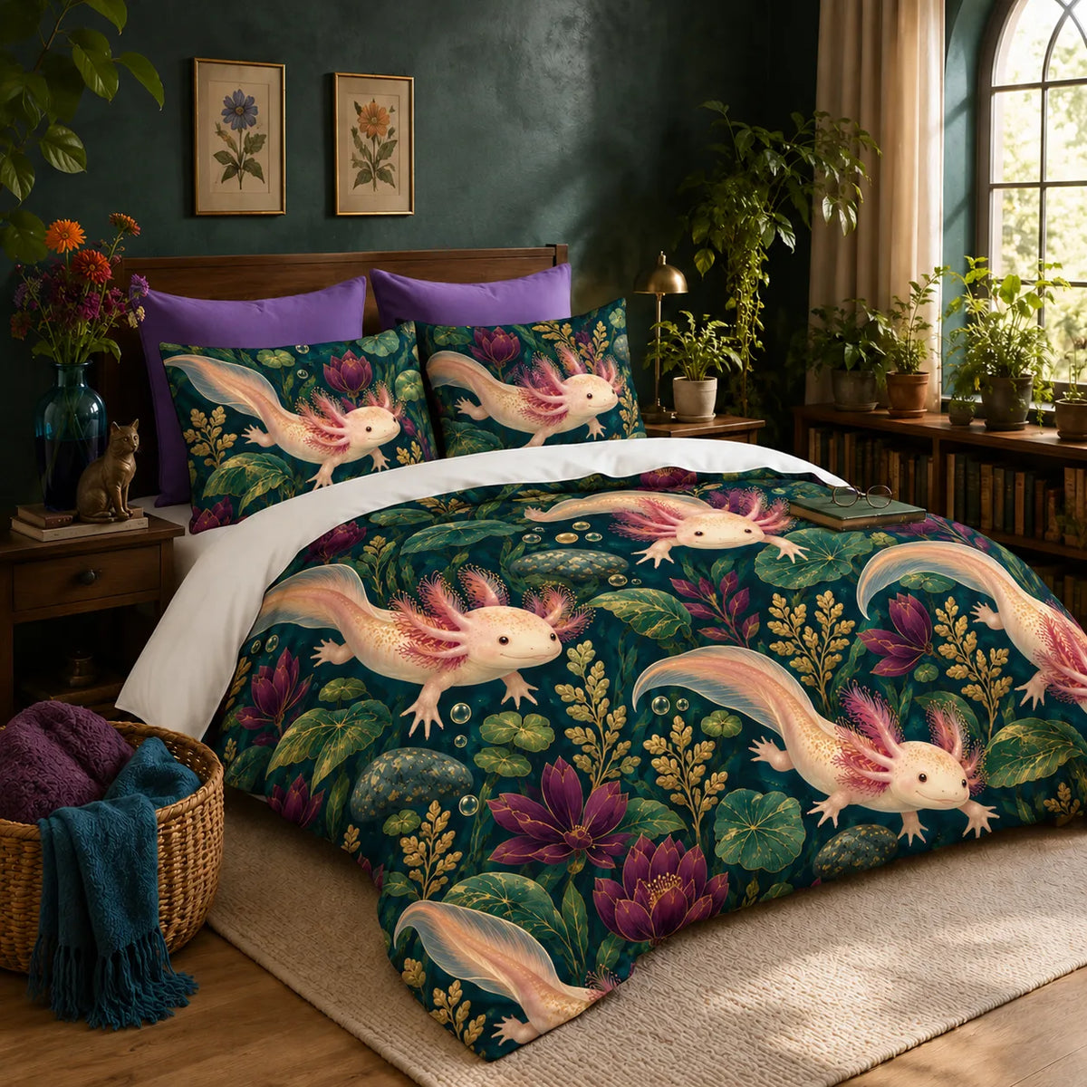 Jewel Botanical Axolotl duvet cover set — cream axolotls among plum water lilies, lily pads and gold sprigs on deep teal green