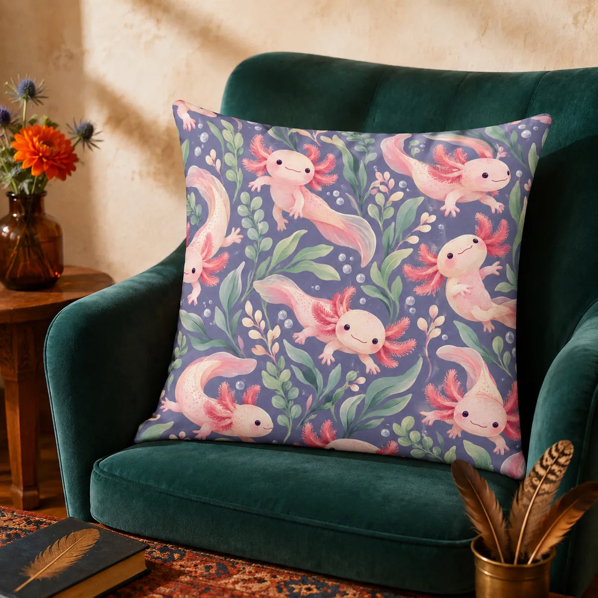 Periwinkle Pond Axolotl cushion cover set — smiling pink axolotls among sage leaves, blush sprigs and bubbles on dusty periwinkle