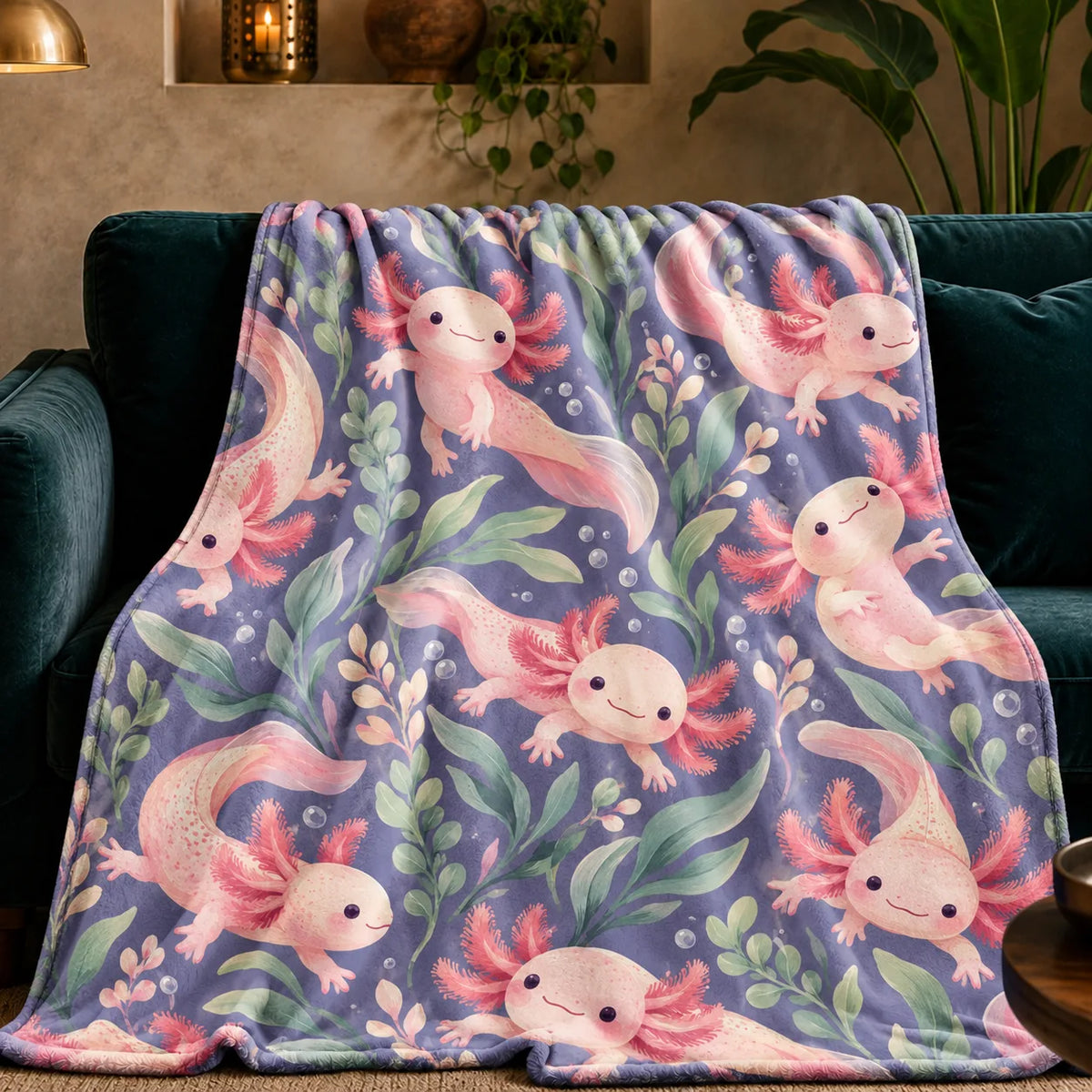 Periwinkle Pond Axolotl fleece throw blanket — smiling pink axolotls among sage leaves, blush sprigs and bubbles on dusty periwinkle