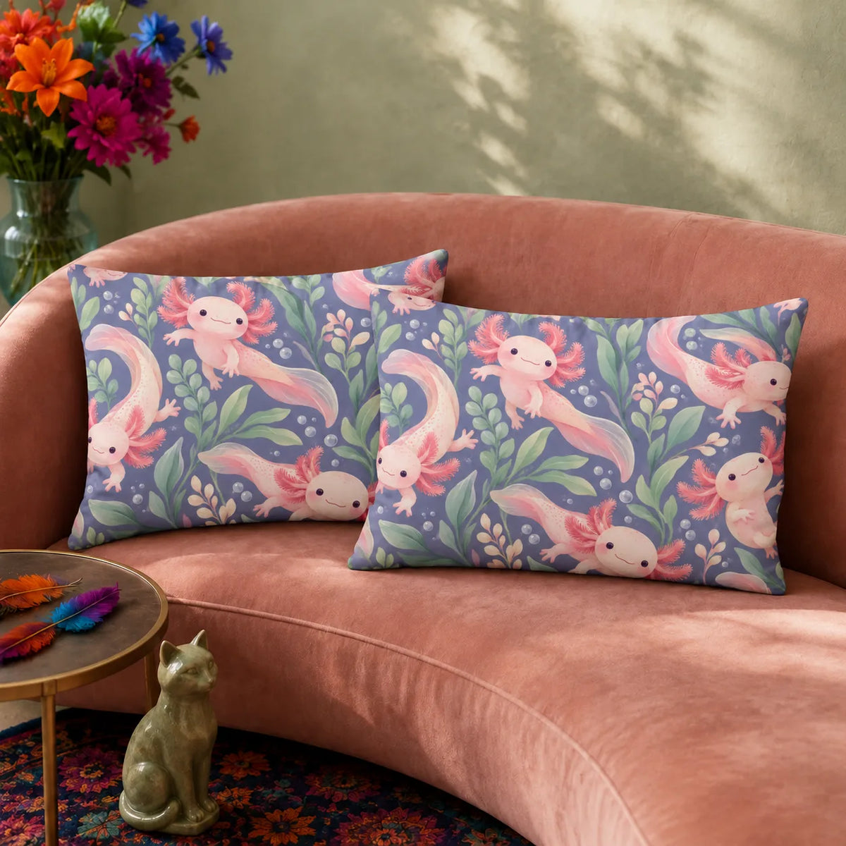 Periwinkle Pond Axolotl pillowcase set — smiling pink axolotls among sage leaves, blush sprigs and bubbles on dusty periwinkle