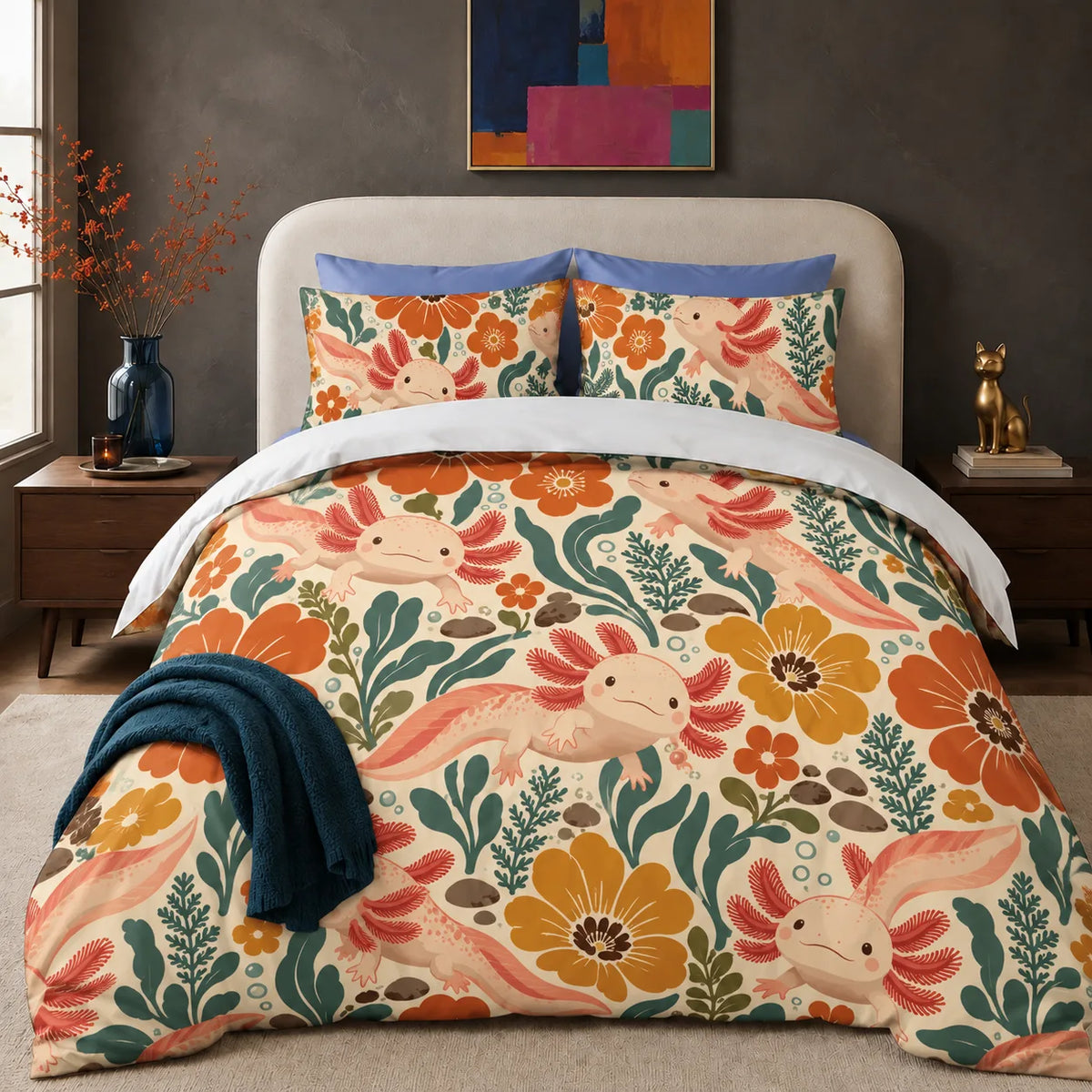 Retro Floral Axolotl comforter set — pink axolotls among large orange and mustard flowers and teal leaves on cream