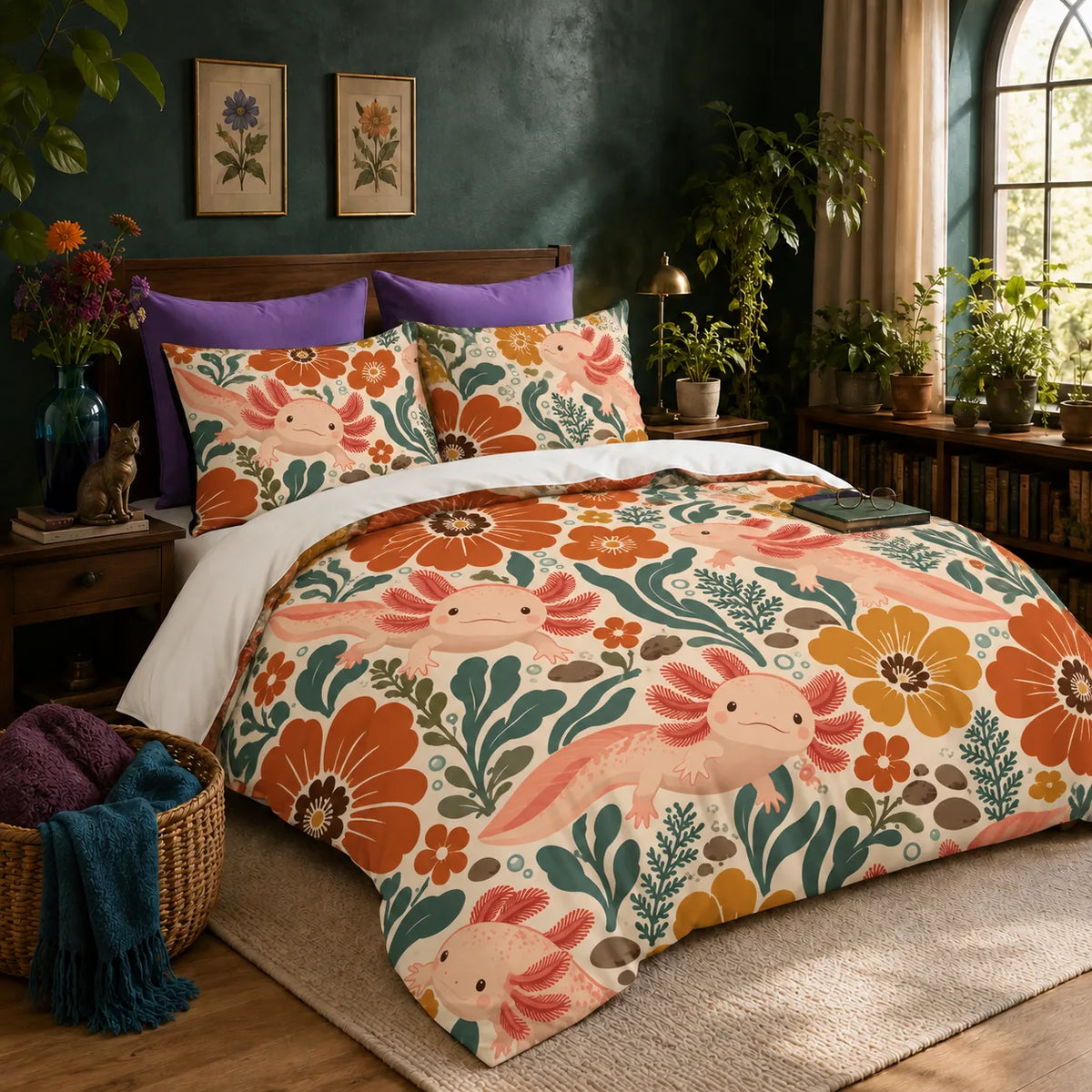 Retro Floral Axolotl duvet cover set — pink axolotls among large orange and mustard flowers and teal leaves on cream