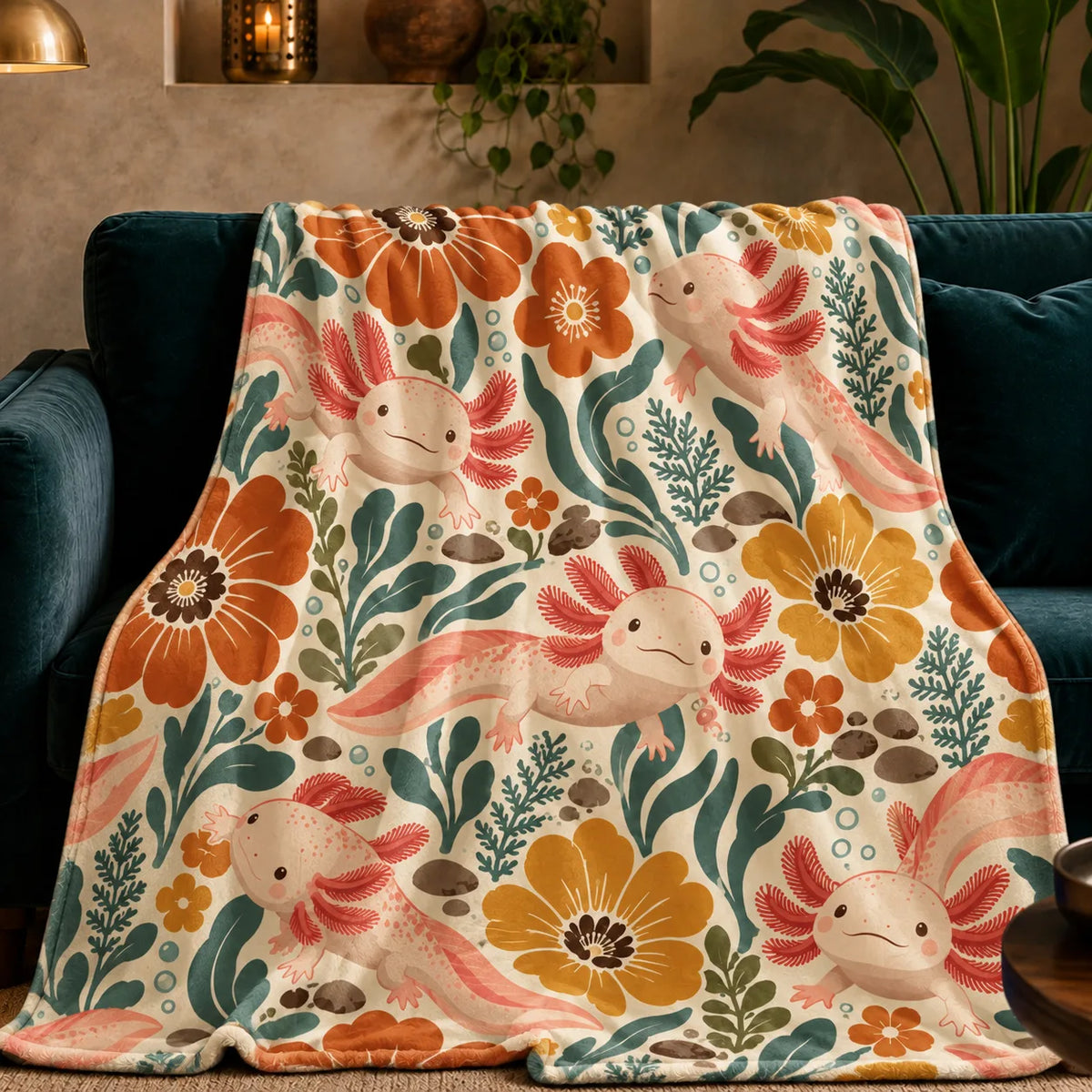 Retro Floral Axolotl fleece throw blanket — pink axolotls among large orange and mustard flowers and teal leaves on cream