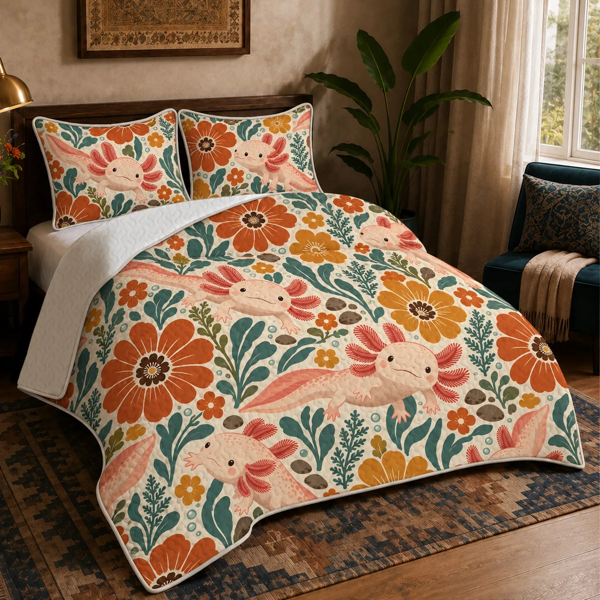 Retro Floral Axolotl quilt set — pink axolotls among large orange and mustard flowers and teal leaves on cream