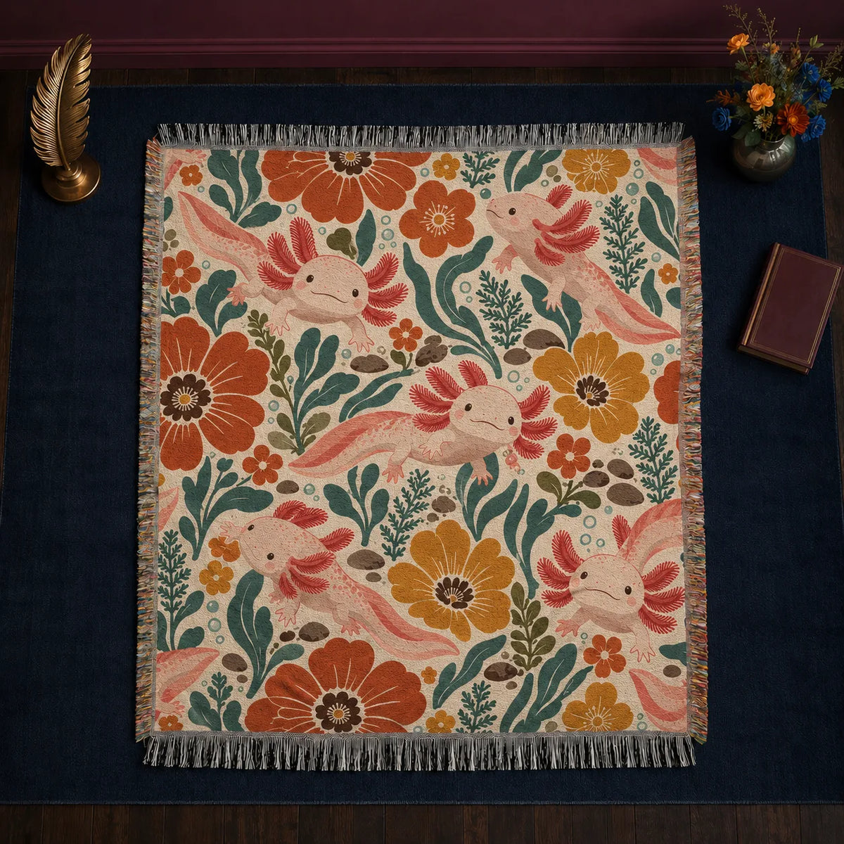 Retro Floral Axolotl woven throw blanket — pink axolotls among large orange and mustard flowers and teal leaves on cream