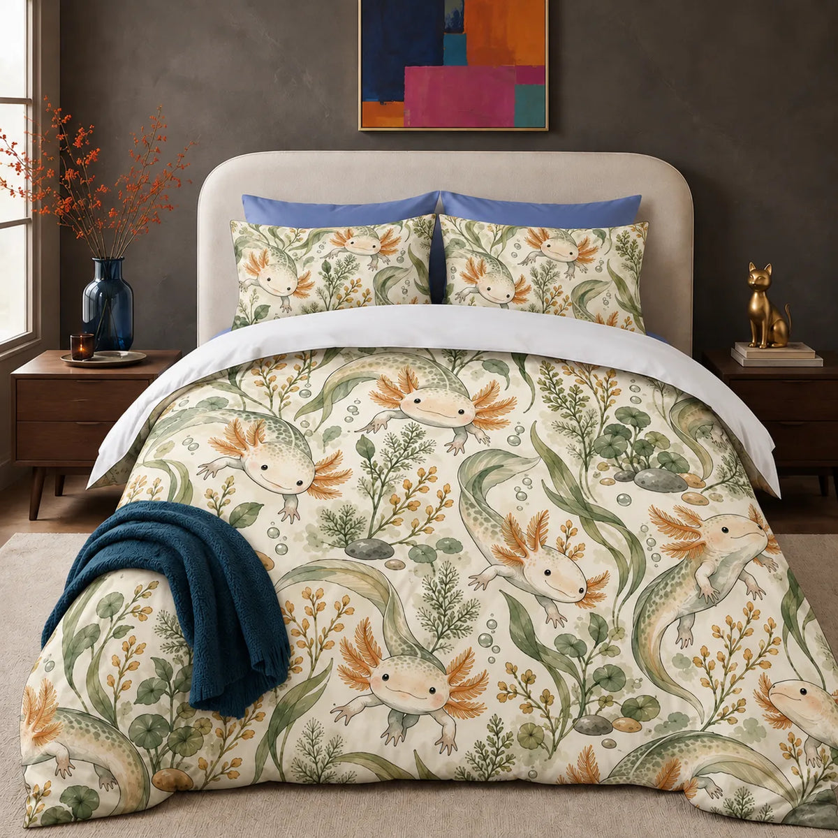Sage Ink Wash Axolotl comforter set — pale axolotls with copper gills among sage seaweed, fern sprigs and pebbles on cream