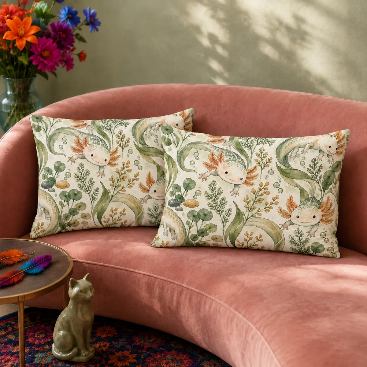 Sage Ink Wash Axolotl pillowcase set — pale axolotls with copper gills among sage seaweed, fern sprigs and pebbles on cream