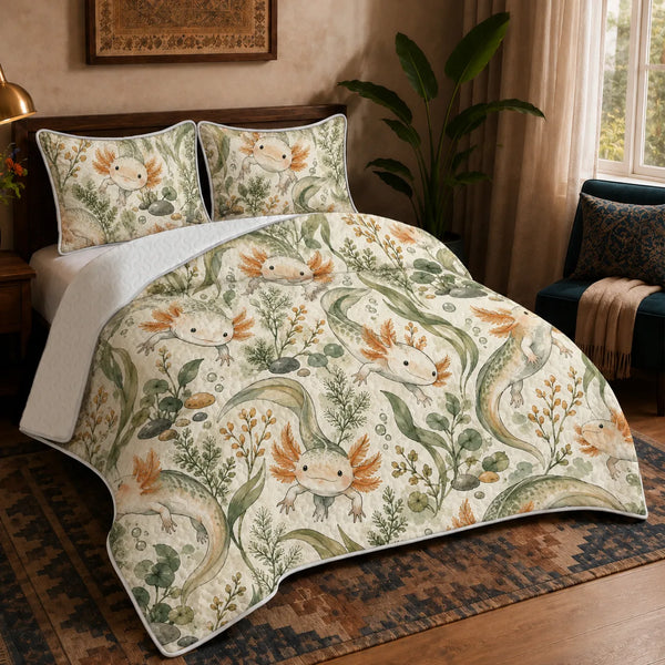 Sage Ink Wash Axolotl quilt set — pale axolotls with copper gills among sage seaweed, fern sprigs and pebbles on cream