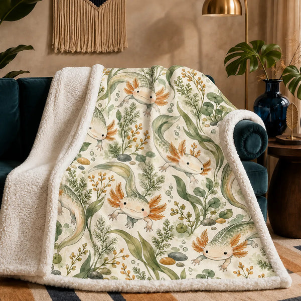 Sage Ink Wash Axolotl sherpa blanket — pale axolotls with copper gills among sage seaweed, fern sprigs and pebbles on cream