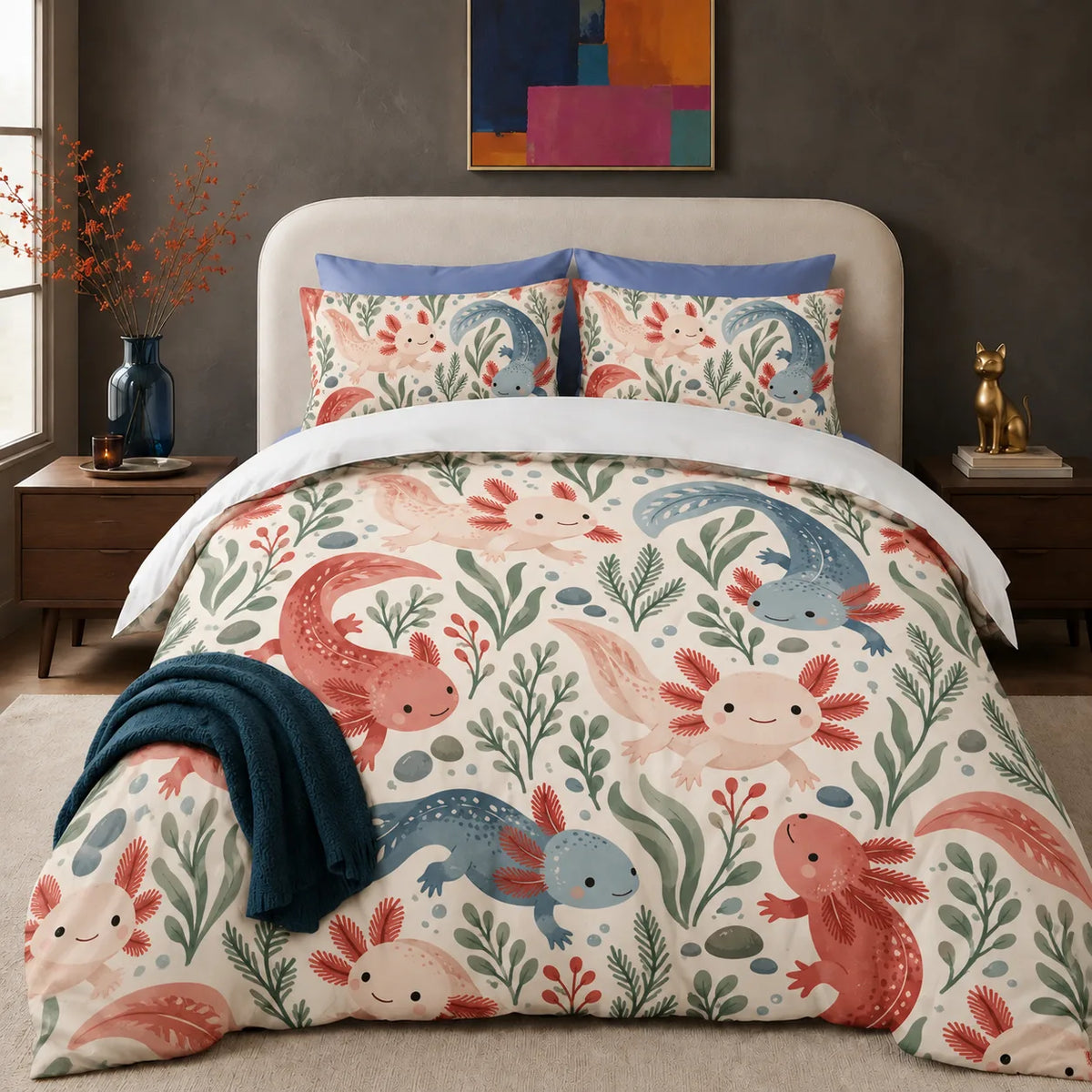 Scandinavian Folk Axolotl comforter set — pink, coral and dusty blue axolotls with sage leaves and red berry sprigs on cream