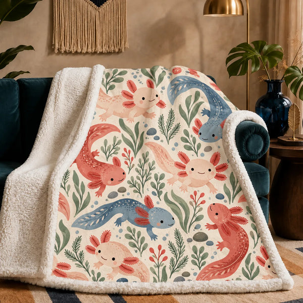 Scandinavian Folk Axolotl sherpa blanket — pink, coral and dusty blue axolotls with sage leaves and red berry sprigs on cream