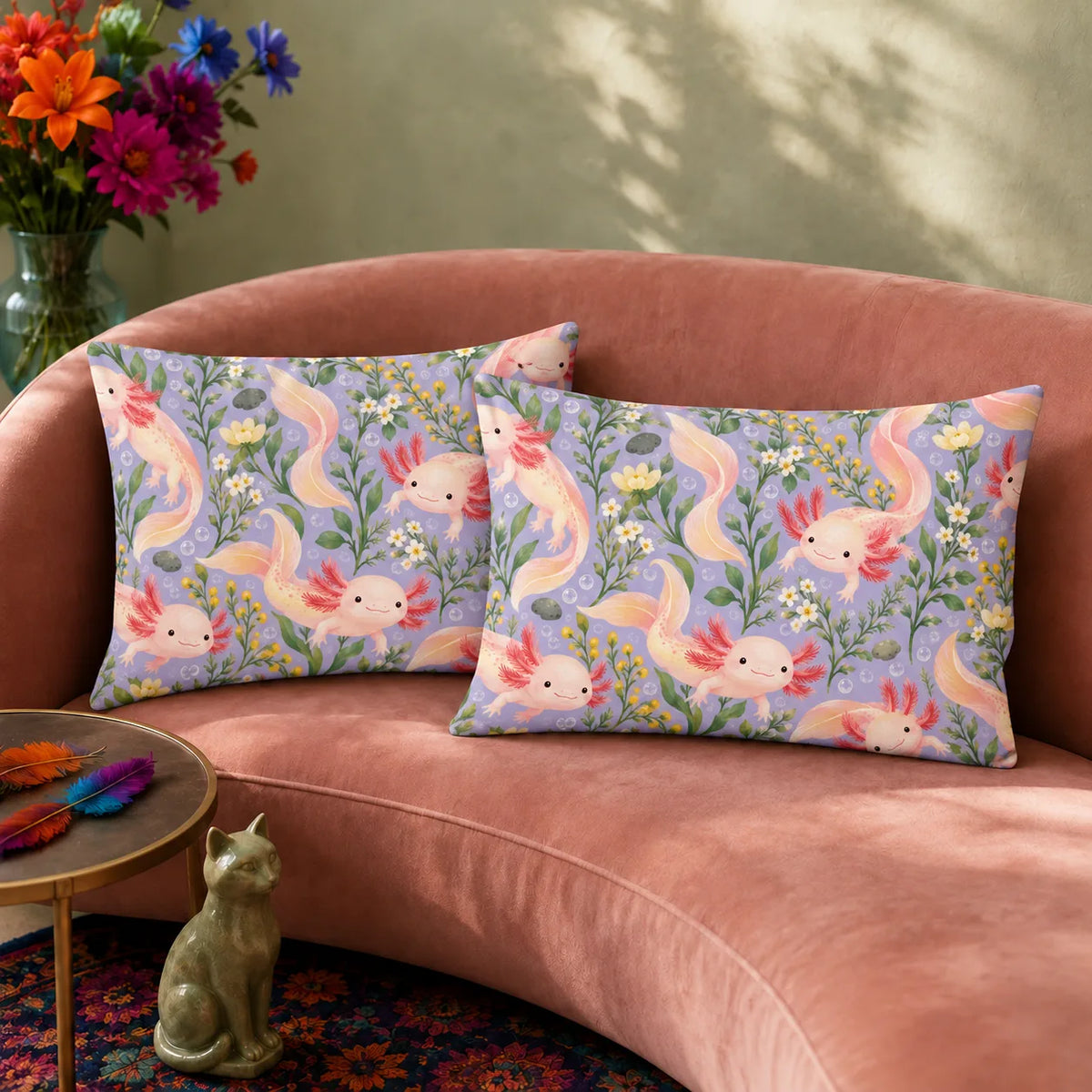 Spring Lilac Axolotl pillowcase set — peach-pink axolotls with white and yellow wildflowers and green leaves on lilac