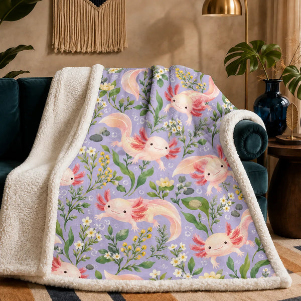 Spring Lilac Axolotl sherpa blanket — peach-pink axolotls with white and yellow wildflowers and green leaves on lilac