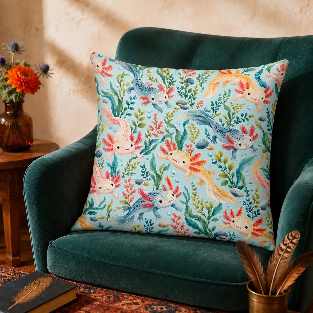 Summer Aqua Axolotl cushion cover set — pink, golden and blue axolotls among teal seaweed and coral plants on light aqua