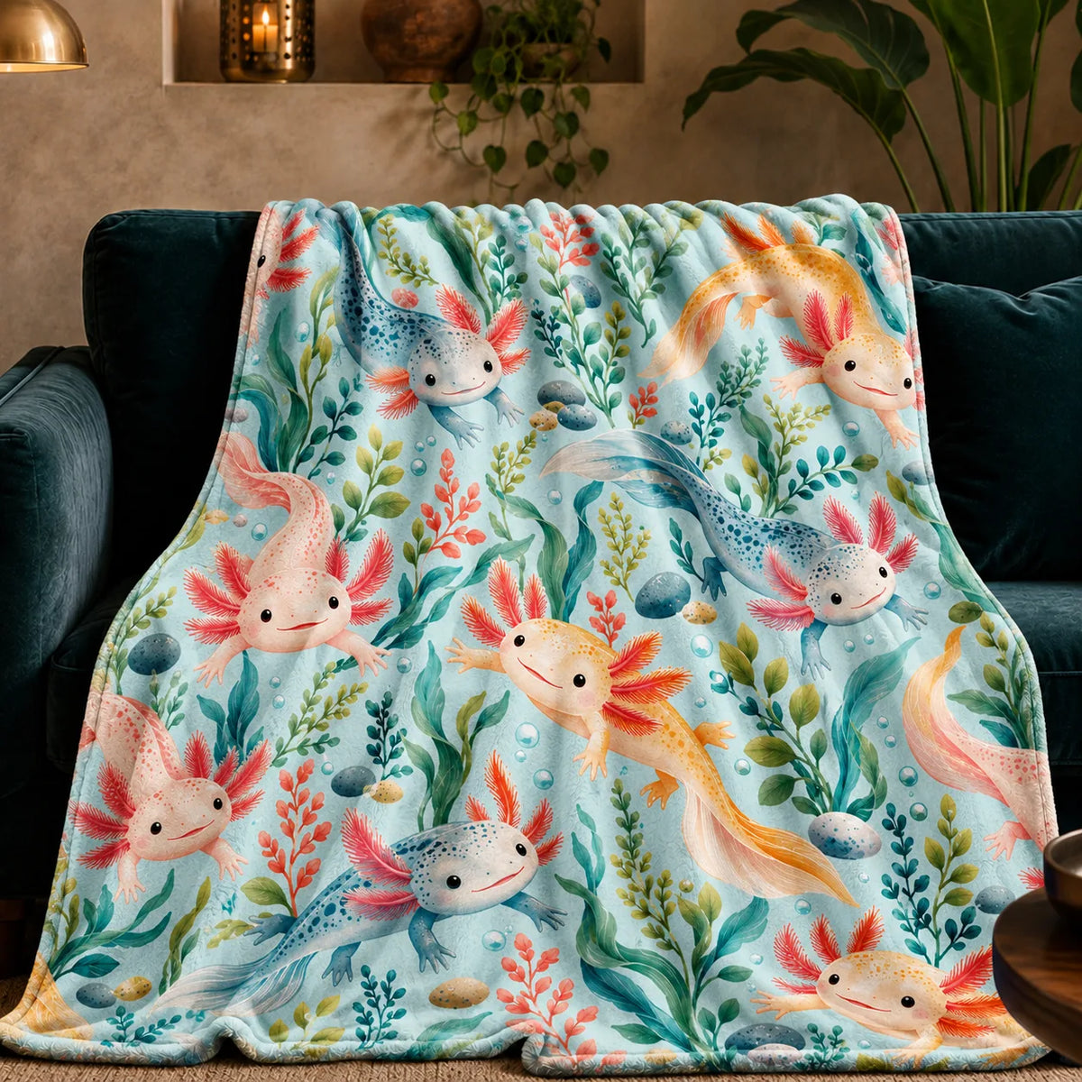 Summer Aqua Axolotl fleece throw blanket — pink, golden and blue axolotls among teal seaweed and coral plants on light aqua