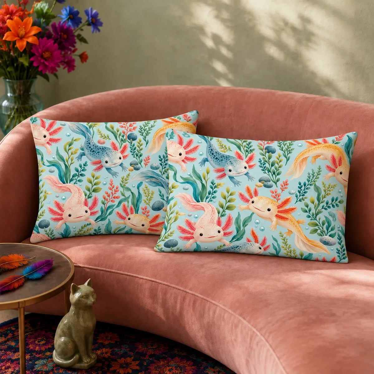 Summer Aqua Axolotl pillowcase set — pink, golden and blue axolotls among teal seaweed and coral plants on light aqua