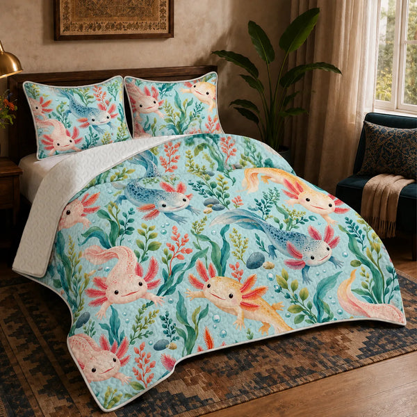 Summer Aqua Axolotl quilt set — pink, golden and blue axolotls among teal seaweed and coral plants on light aqua