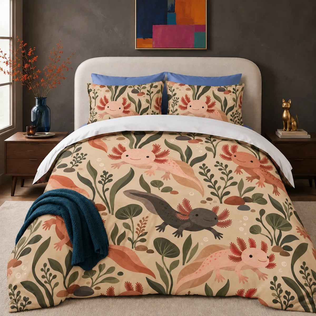 Terracotta Modern Axolotl comforter set — peach, terracotta and charcoal axolotls among olive leaves and pebbles on warm sand