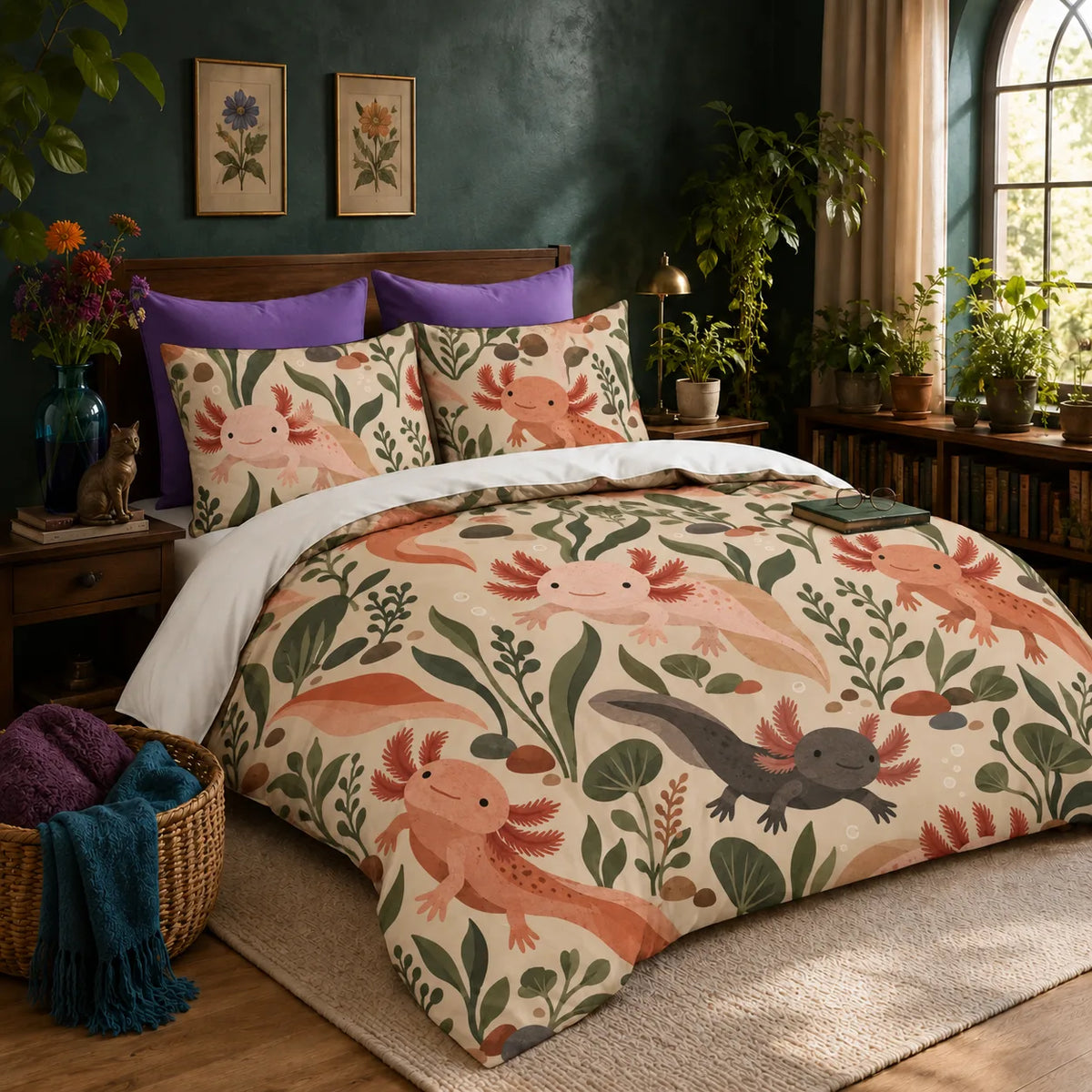 Terracotta Modern Axolotl duvet cover set — peach, terracotta and charcoal axolotls among olive leaves and pebbles on warm sand