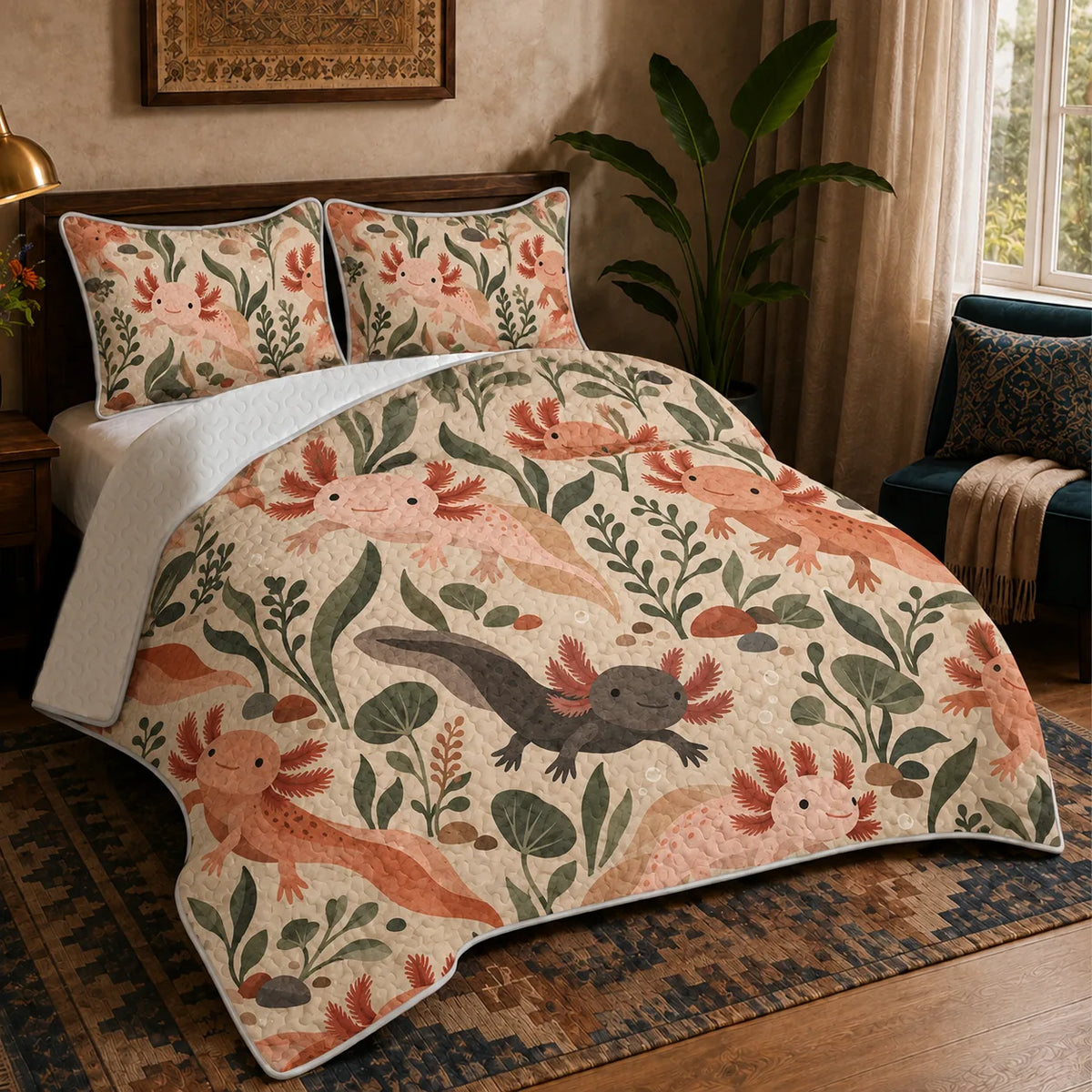 Terracotta Modern Axolotl quilt set — peach, terracotta and charcoal axolotls among olive leaves and pebbles on warm sand
