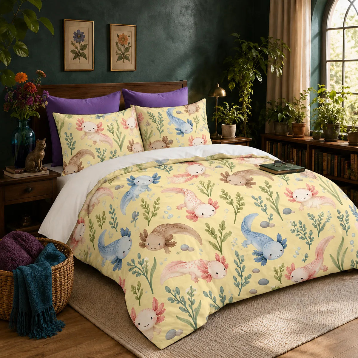 Tiny Ditsy Axolotl duvet cover set — small pink, blue and brown axolotls with green sprigs and pebbles on butter yellow