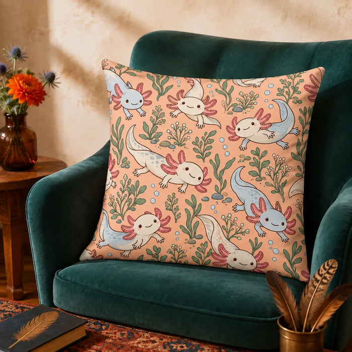Whimsical Contour Axolotl cushion cover set — cream and powder blue cartoon axolotls with sage leaves and bubbles on apricot