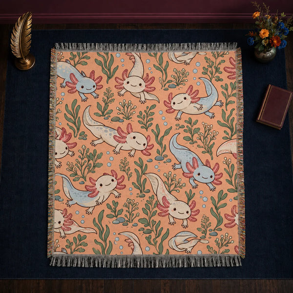 Whimsical Contour Axolotl woven throw blanket — cream and powder blue cartoon axolotls with sage leaves and bubbles on apricot