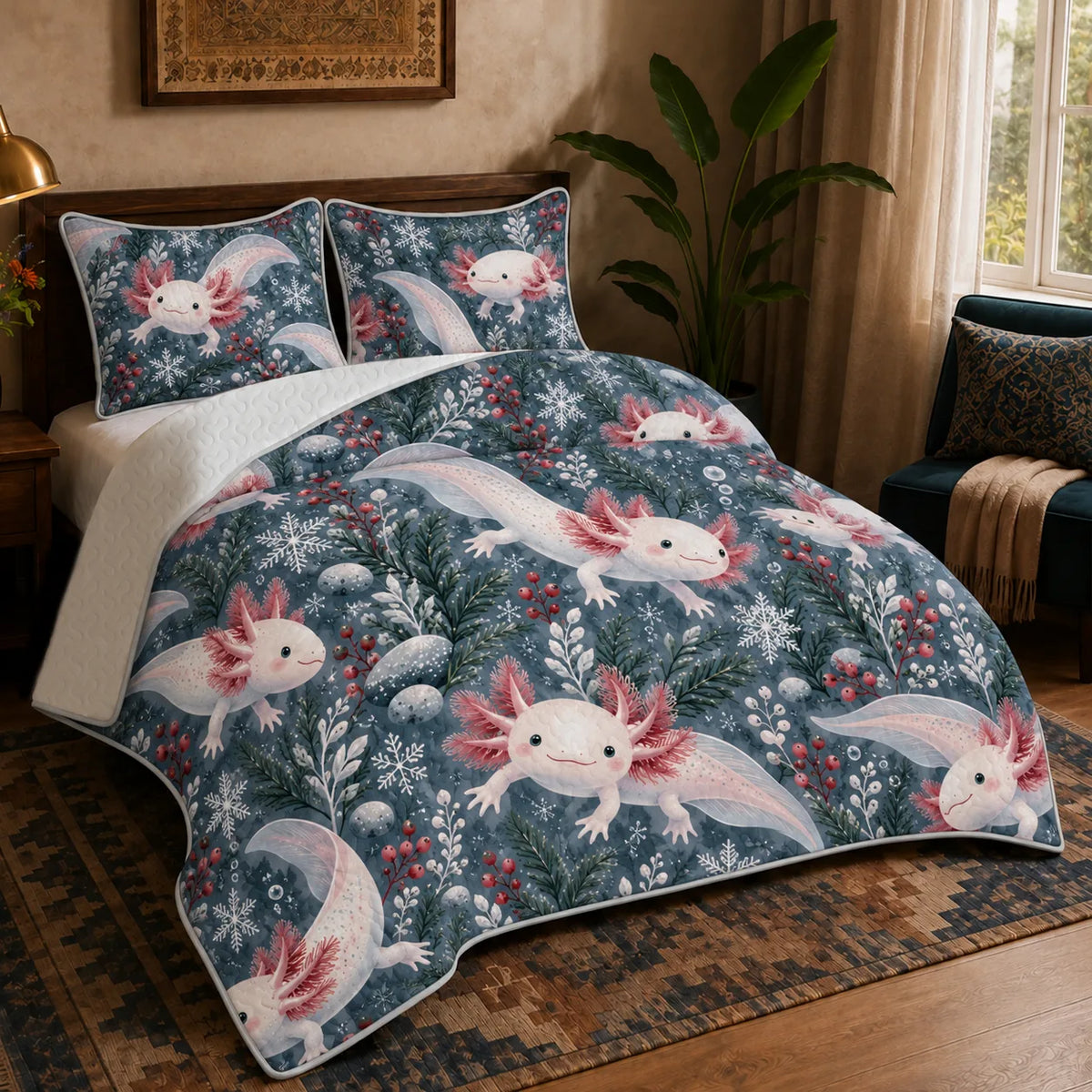 Winter Garden Axolotl quilt set — white axolotls with red berries, snowflakes and evergreen sprigs on slate blue