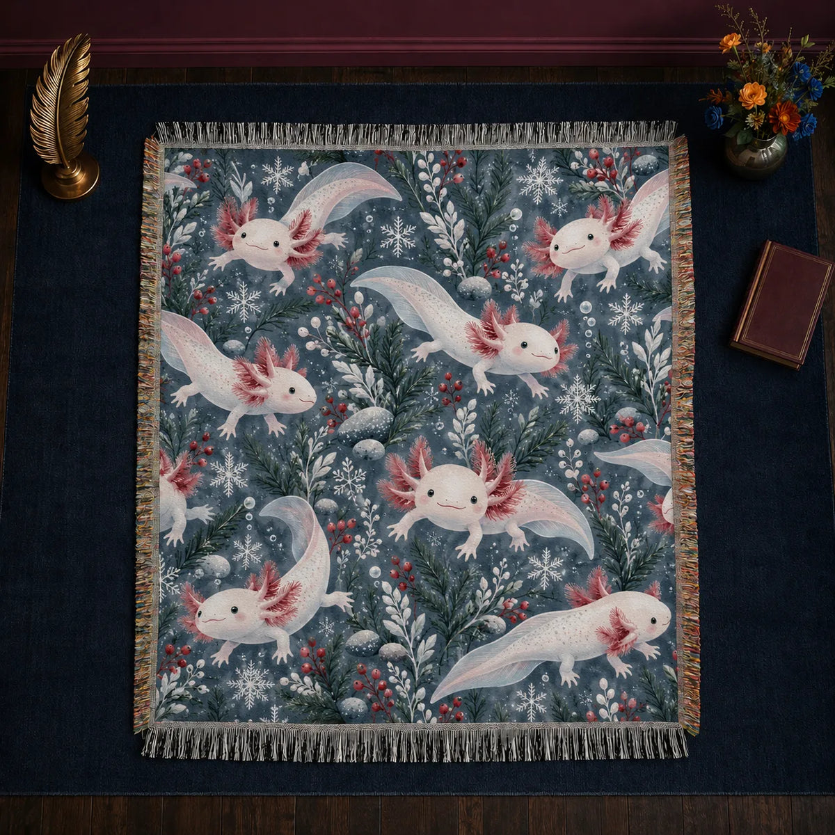 Winter Garden Axolotl woven throw blanket — white axolotls with red berries, snowflakes and evergreen sprigs on slate blue
