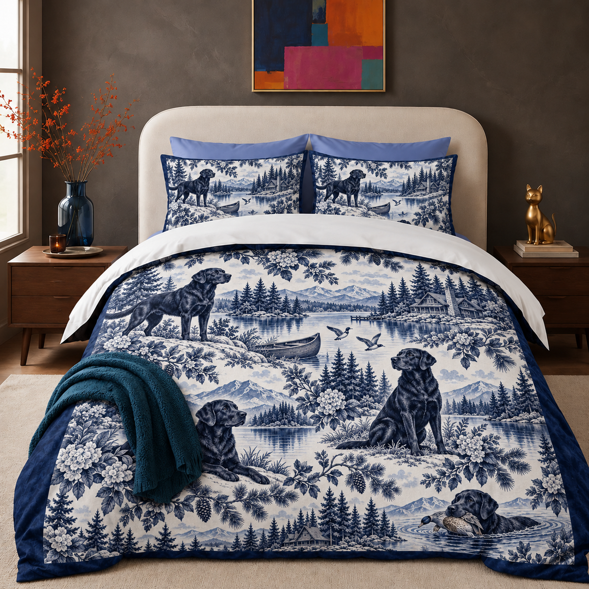 Black Labrador Navy Toile comforter set on a made bed