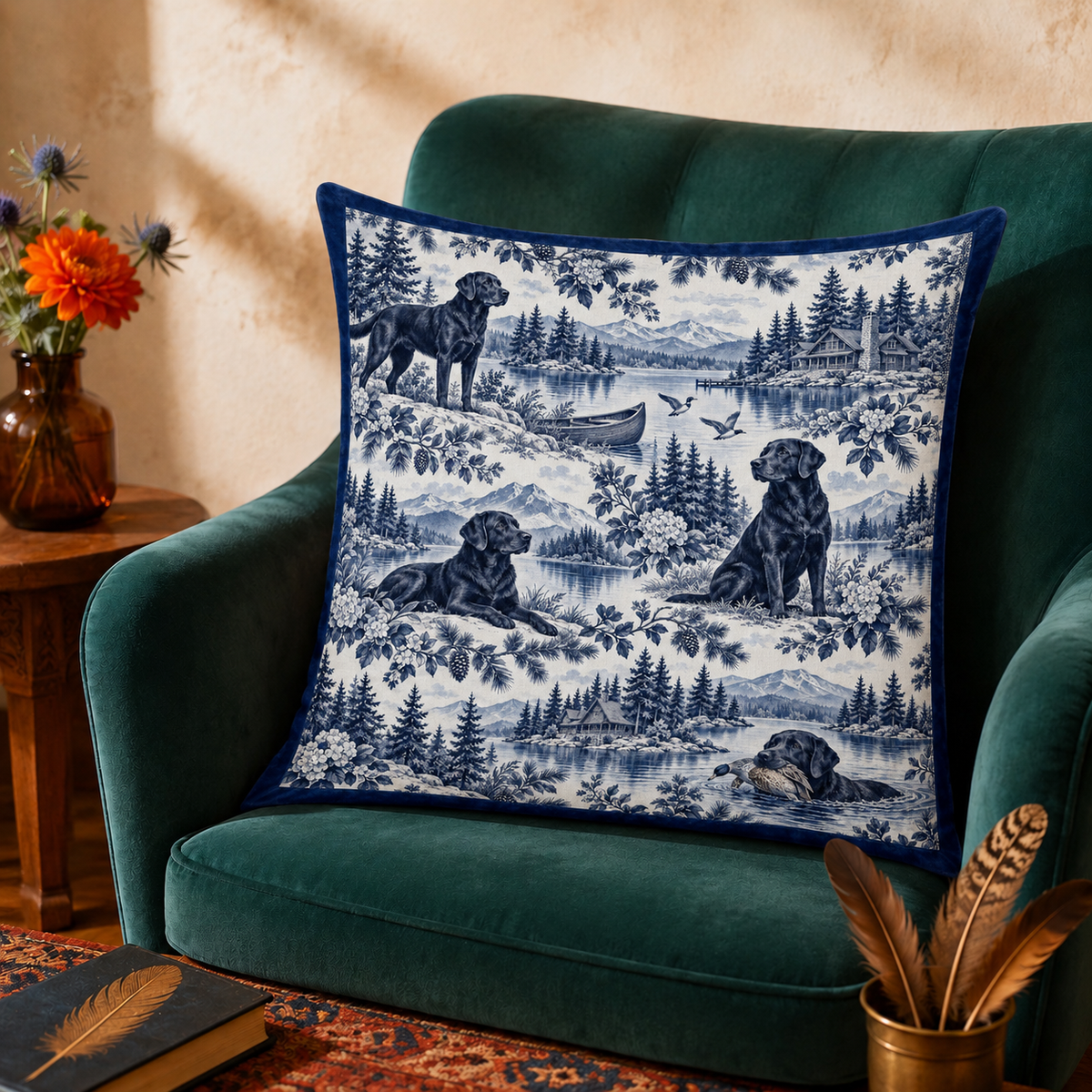 Black Labrador Navy Toile cushion covers on a sofa