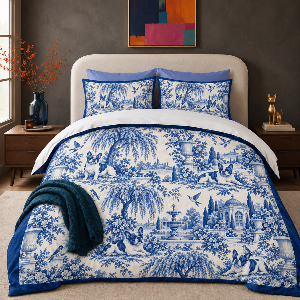 Blue Toile French Bulldog comforter set on a made bed