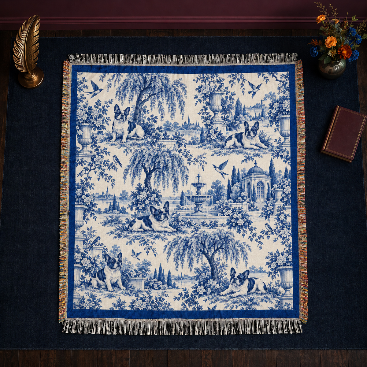 Blue Toile French Bulldog woven throw blanket with fringed edges draped over a chair