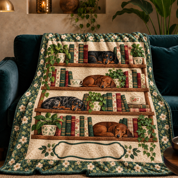 Bookshelf Dachshund fleece throw blanket draped over a sofa