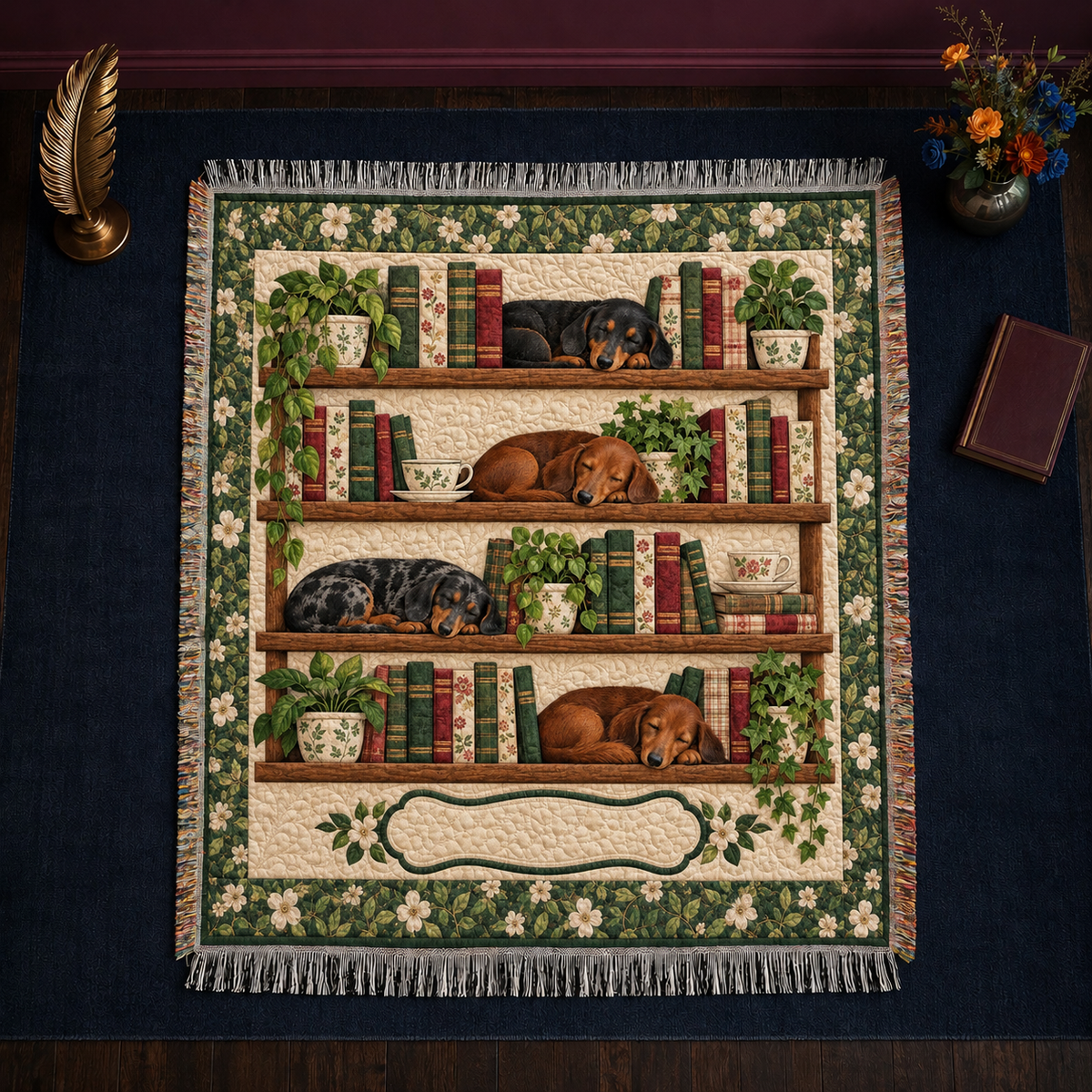 Bookshelf Dachshund woven throw blanket with fringed edges over a chair
