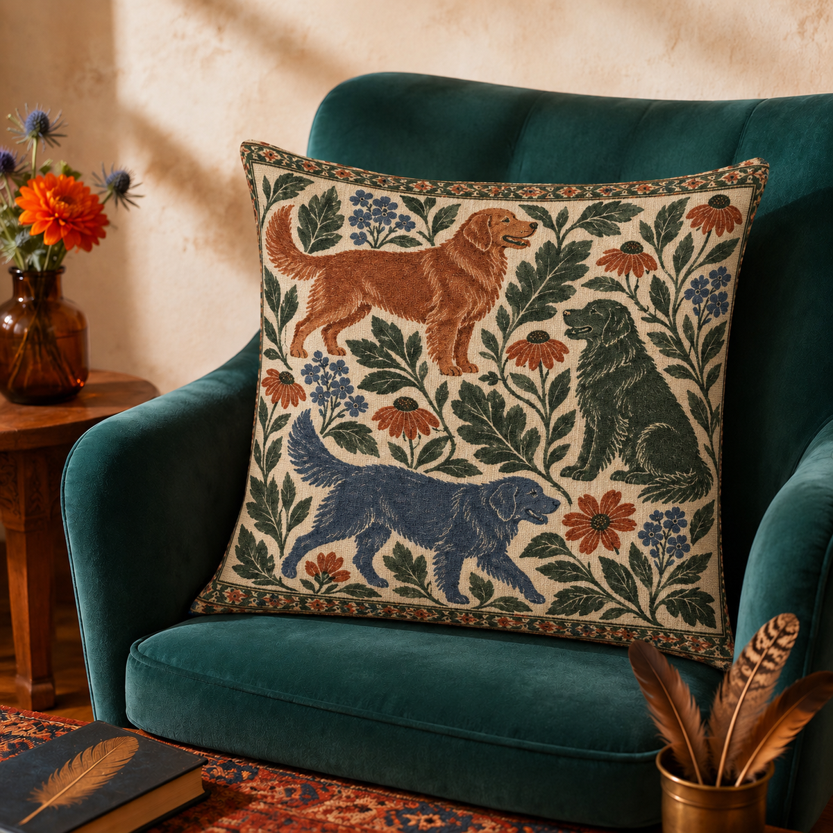 Botanical Golden Retriever cushion covers - cream folk-art print of a golden retriever and a navy dog among stylised flowers