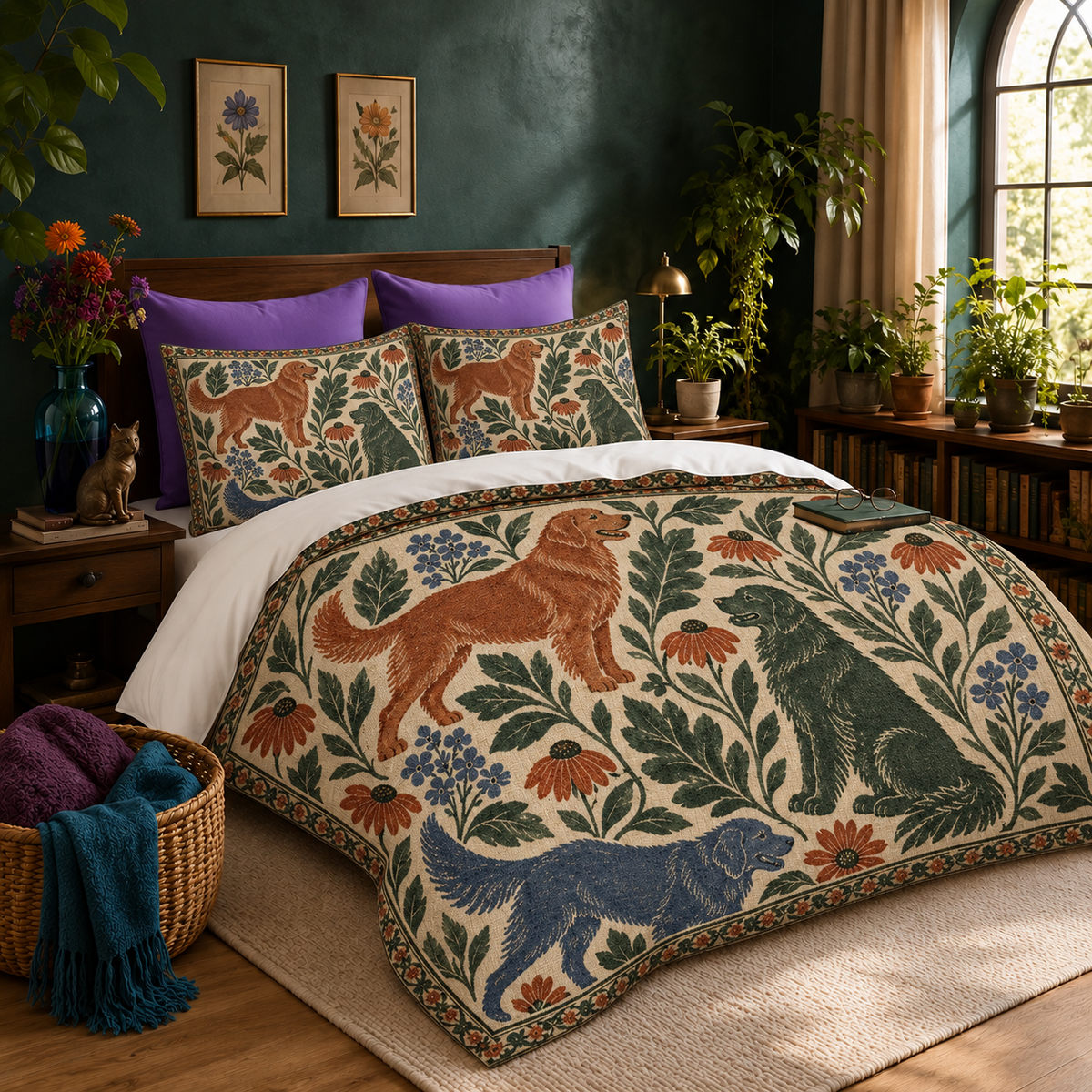 Botanical Golden Retriever duvet cover set - cream folk-art print of a golden retriever and a navy dog among stylised flowers