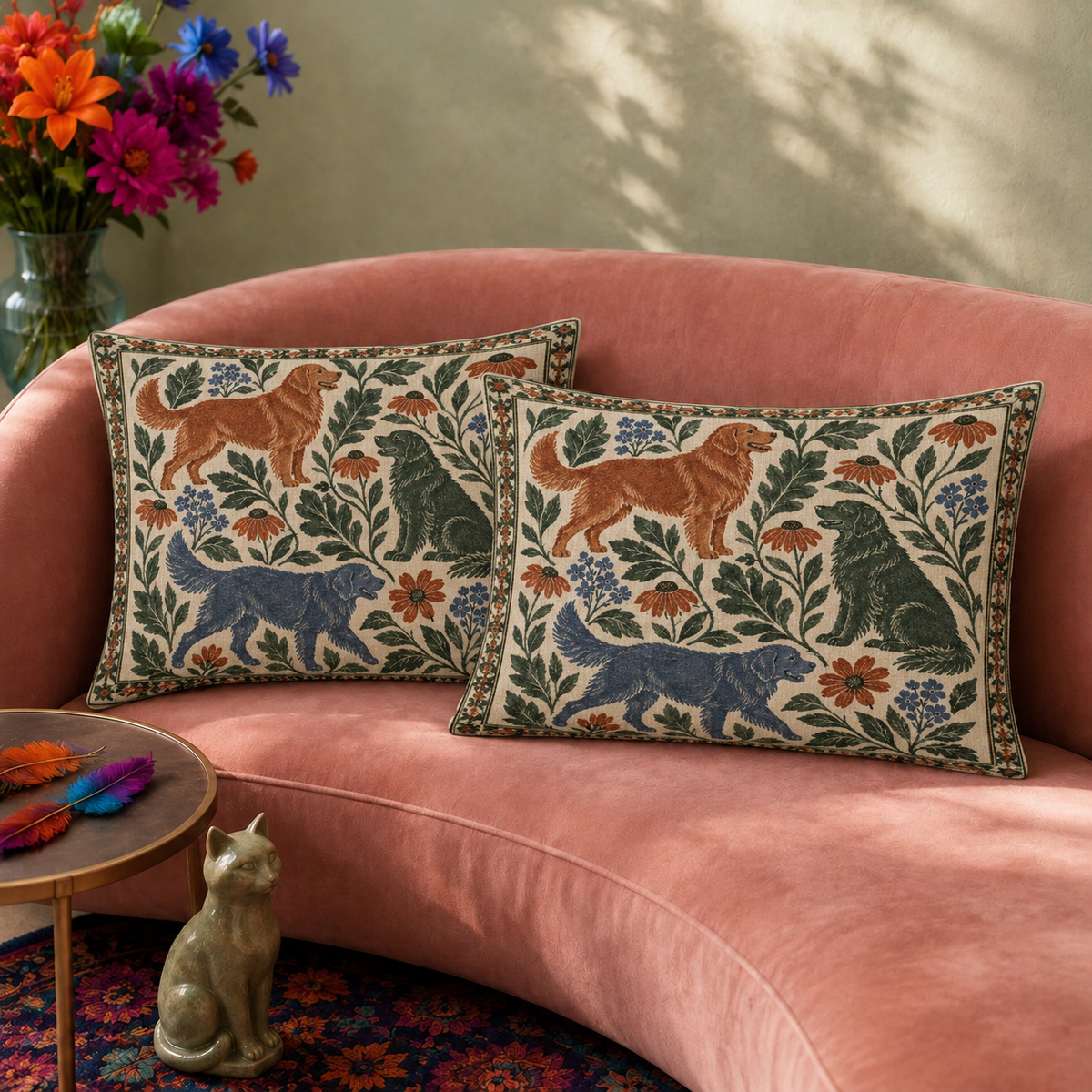 Botanical Golden Retriever pillowcase set - cream folk-art print of a golden retriever and a navy dog among stylised flowers
