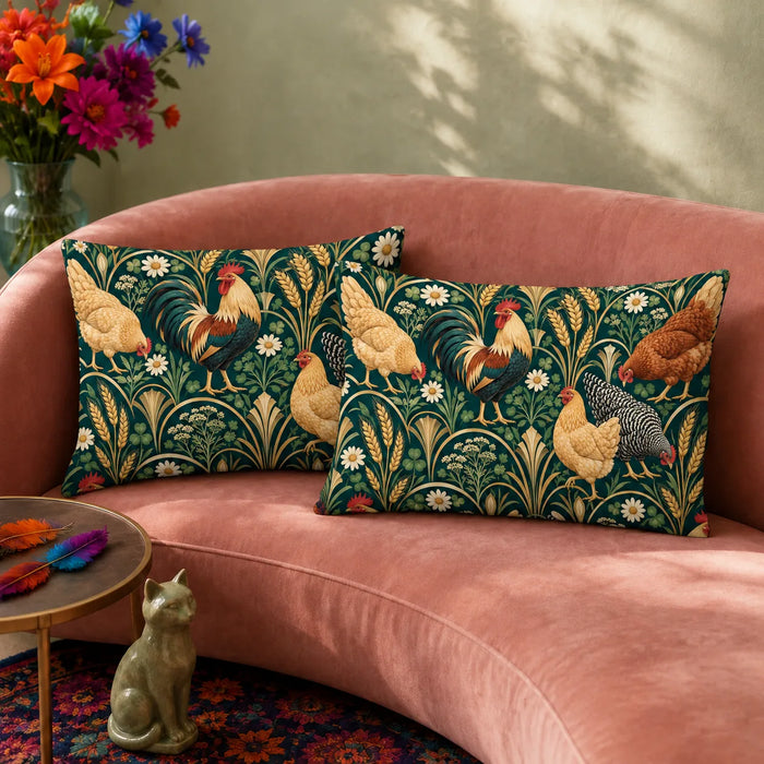 Art Deco Chicken pillowcase set — roosters and hens with gold art deco fans, wheat and daisies on deep green