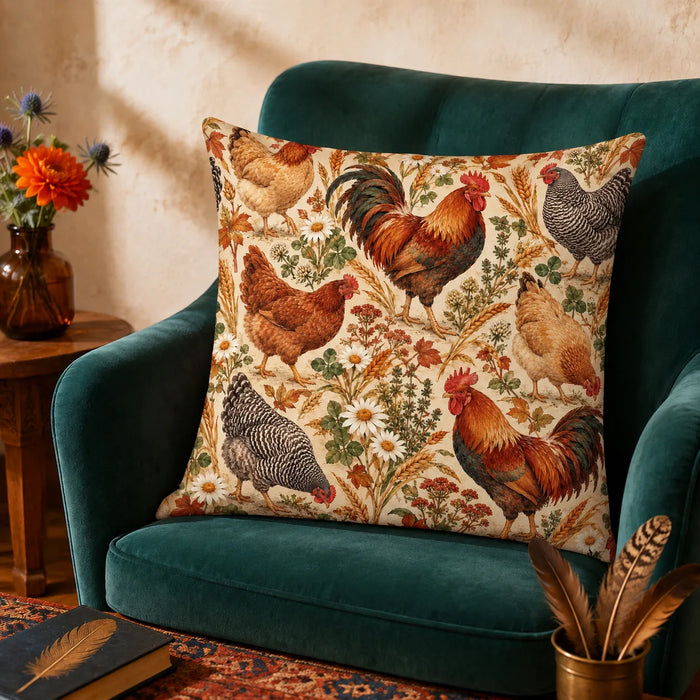 Autumn Copper Chicken cushion cover set — copper roosters and hens with autumn leaves, wheat and daisies on parchment