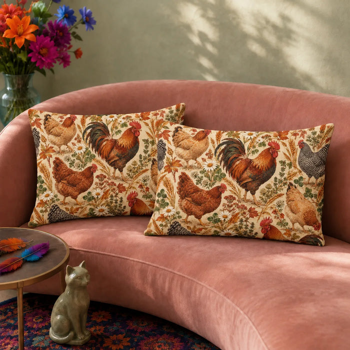Autumn Copper Chicken pillowcase set — copper roosters and hens with autumn leaves, wheat and daisies on parchment