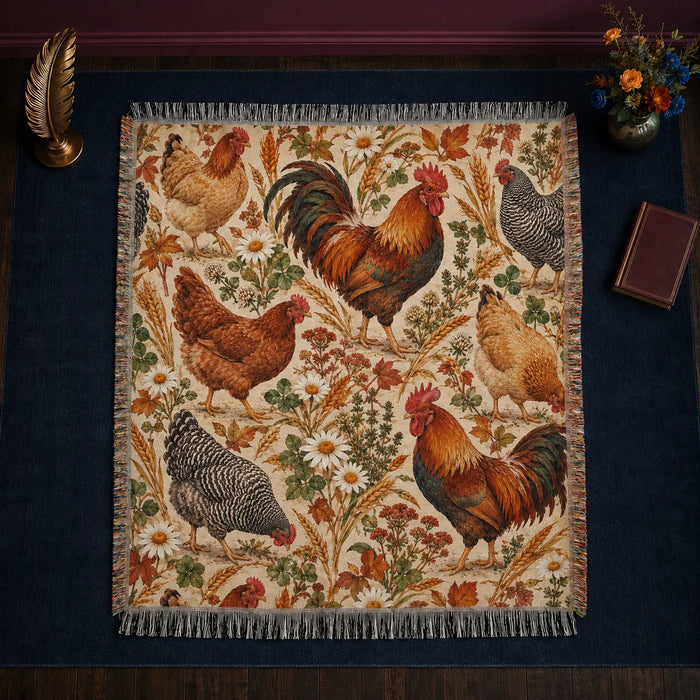 Autumn Copper Chicken woven throw blanket — copper roosters and hens with autumn leaves, wheat and daisies on parchment