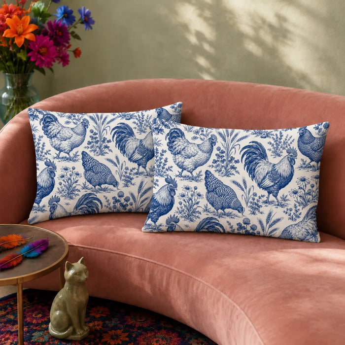 Blue Toile Chicken pillowcase set — cobalt blue toile roosters and hens among wildflowers and wheat on cream