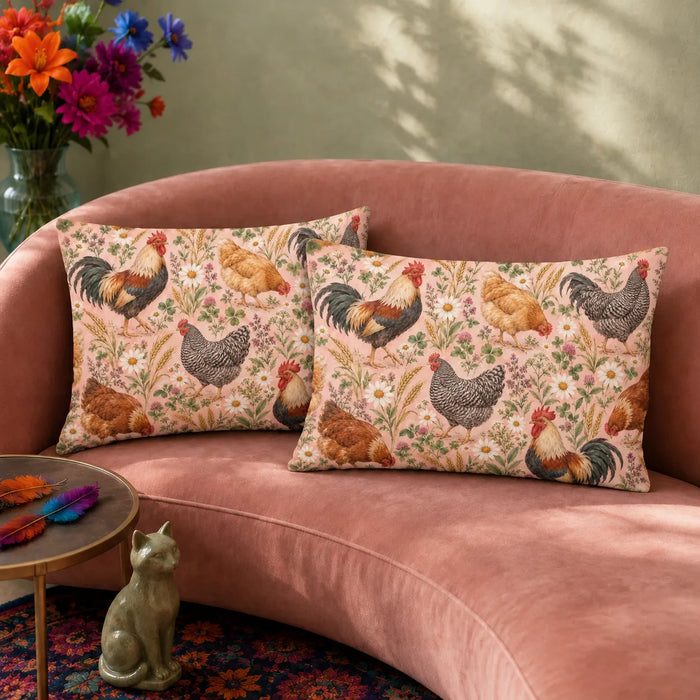 Blush Meadow Chicken pillowcase set — roosters and hens among daisies, pink clover and wheat on blush pink